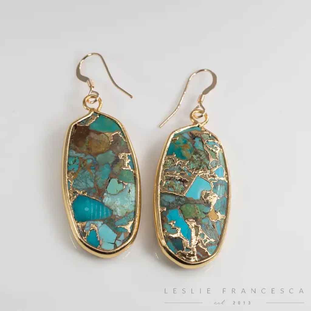 Leslie Francesca Turquoise Gold Oval Drop Earrings - Sole Food - 1