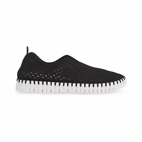 Ilse Jacobson Tulip shoe, black flat with white sole and perforated upper.