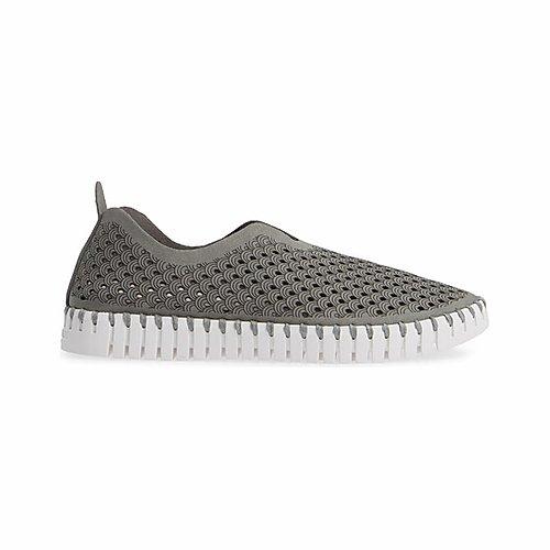 Ilse Jacobson Tulip shoe, gray flat with white sole and perforated upper.