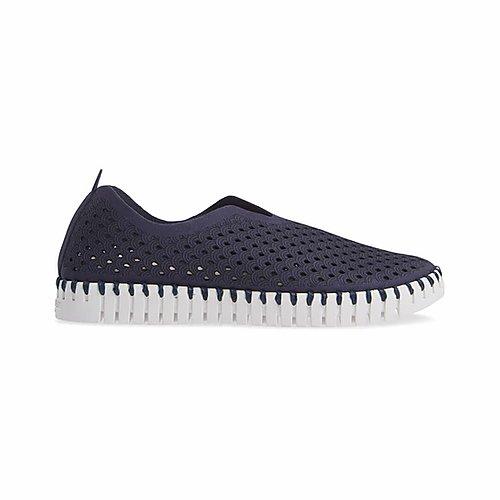 Ilse Jacobson Tulip shoe, navy flat with white sole and perforated upper.